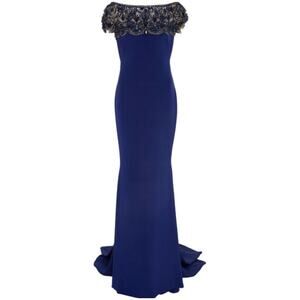 Marchesa Royal Blue Jeweled Bodice Scalloped Off Shoulder Gown Size 14